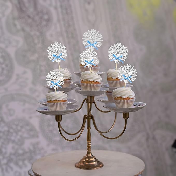 24Pcs Snowflake Cupcake Toppers Glitter Snowflake Cupcake Picks Frozen Blue Bow Snowflake Cake Decors Baby Shower Gender Reveal Winter Theme Christmas Party Cake Decor Supplies
