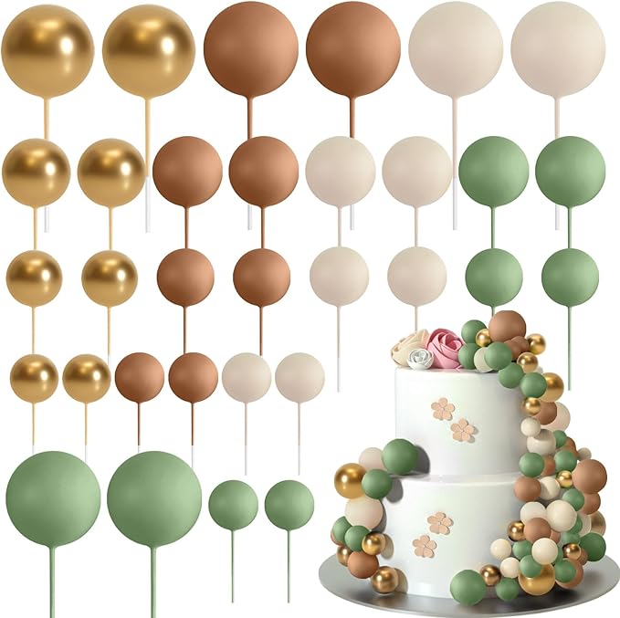 ASTARON 32 Pcs Ball Cake Topper Decorations Mini Balloons Cake Topper Sticks Foam Balls Cake Picks Cake Topper Balls Cake Decorations for Wedding Party Birthday Cake Decorating (Green Brown Gold)