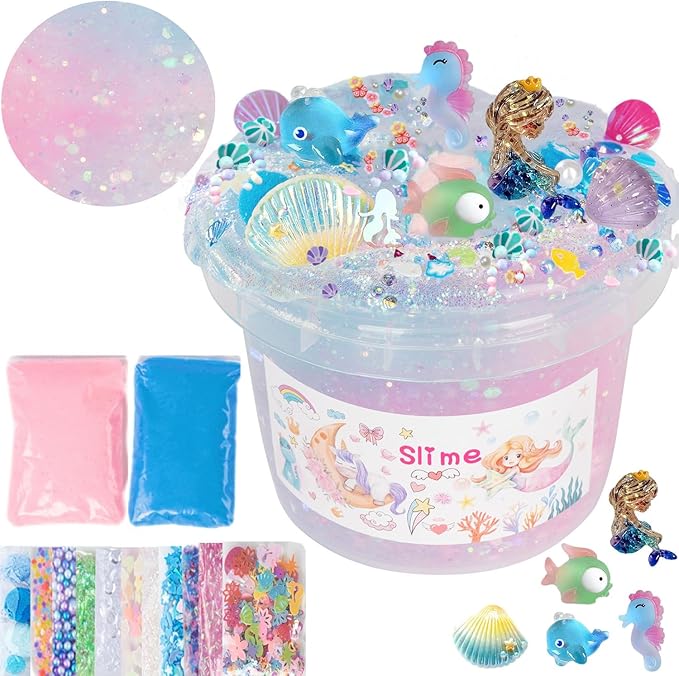 Mermaid Slime Kit,Clear Slime Bucket Kids Birthday Party,Stress Relief Slime Kit for Girls and Boys Handmade Slime Toy