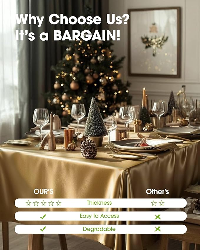 Pureegg Plastic Table Cloth Disposable 6 Pack, 54 x 108 Inch Table Cloths, Graduation Decorations, Thanksgiving, Christmas Tablecloths, Rectangle, Plastic Cover, Waterproof, Gold