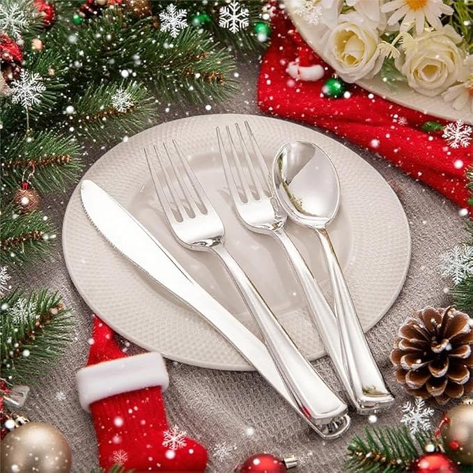 Liacere 100 Pack Silver Plastic Silverware-Pre Wrapped cutlery and Napkin-Pre Rolled Silverware Disposable 100 Forks, 100 Knives 100 Spoons, 100 Napkins Plastic Utensils＆Christmas＆New Year