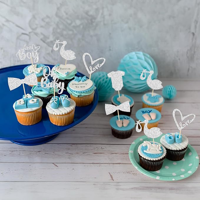 Gyufise 36 Pack Oh Baby Cupcake Toppers It's a Boy Cupcake Toppers with Tie Onesie Love Heart Deep Silver Glitter Babyshower Cake Picks Decorations for Baby Shower Boy Birthday Party Supplies
