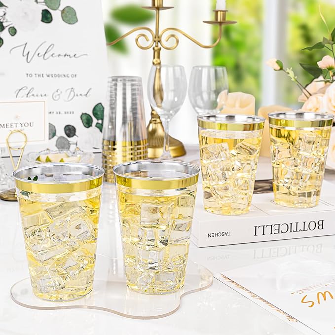 BESTVIP 12oz Gold Plastic Cups, 100 Pack Gold Rimmed Disposable Cups, Heavy-duty Party Cocktail Glasses, Plastic Cups for Party, Holiday, Christmas, Wedding and Birthday