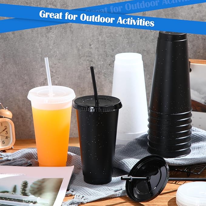 Honeydak 30 Pack Tumbler with Straw and Lid Bulk Cups for Gifts Glitter Plastic Coffee Cups 24-27 oz Reusable Water Bottle Iced Coffee Travel Mug Party Favors for Birthdays Travel (Black and Clear)