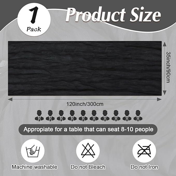 1 Pack Cheesecloth Table Runner Rustic Sheer Boho Gauze 35 x 120 Inch Centerpiece Cheese Cloth for Bridal Baby Shower Summer Spring Decorations Black
