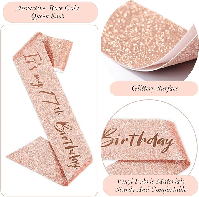 17th Birthday Decorations for Girls, 17th Birthday Sash and Crown, Cake Topper, Number Candles and Balloons, 17 Year Old Gifts for Girls