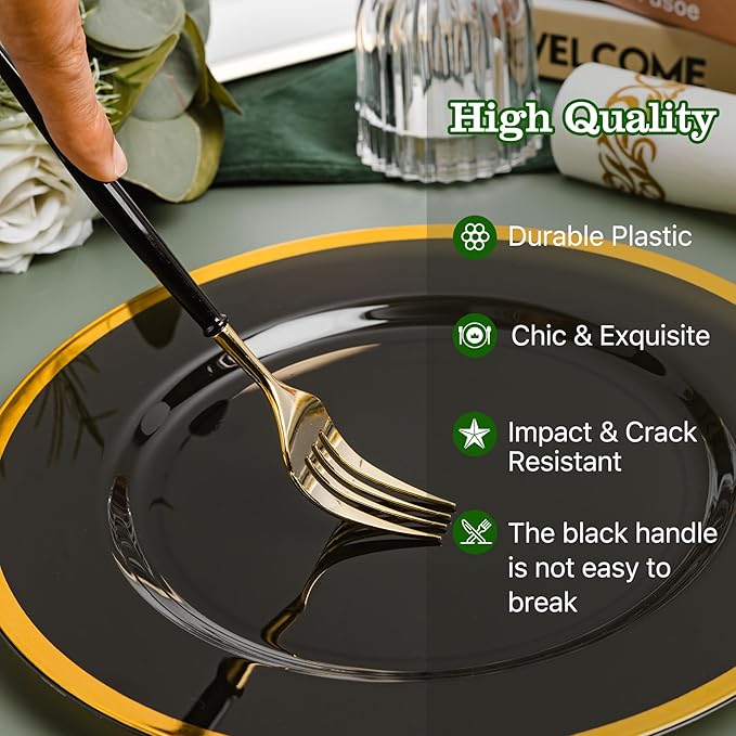 N9R 150Pcs Gold Plastic Silverware - Gold Disposable Cutlery Set with Black Handles with 50 Forks, 50 Spoons and 50 Knives - Perfect for Parties,Halloween, Birthdays, Wedding and Everyday Use