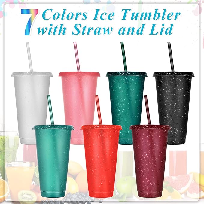 Honeydak 15 Pack Tumbler with Straw and Lid Bulk Glitter Plastic Cups Water Bottle Iced Coffee Travel Mug Reusable Party Favor Cups for Birthdays travel 24-27 oz (Bright Colors)