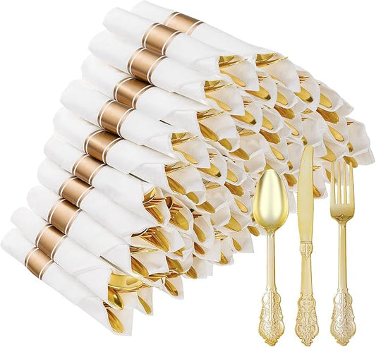 50 Pack Gold Plastic Silverware with Pre Rolled Napkins for 50 Guests, Heavyweight Gold Disposable Utensils Sets Includes 150 Plastic Cutlery, and 50 Napkins for Party & Wedding