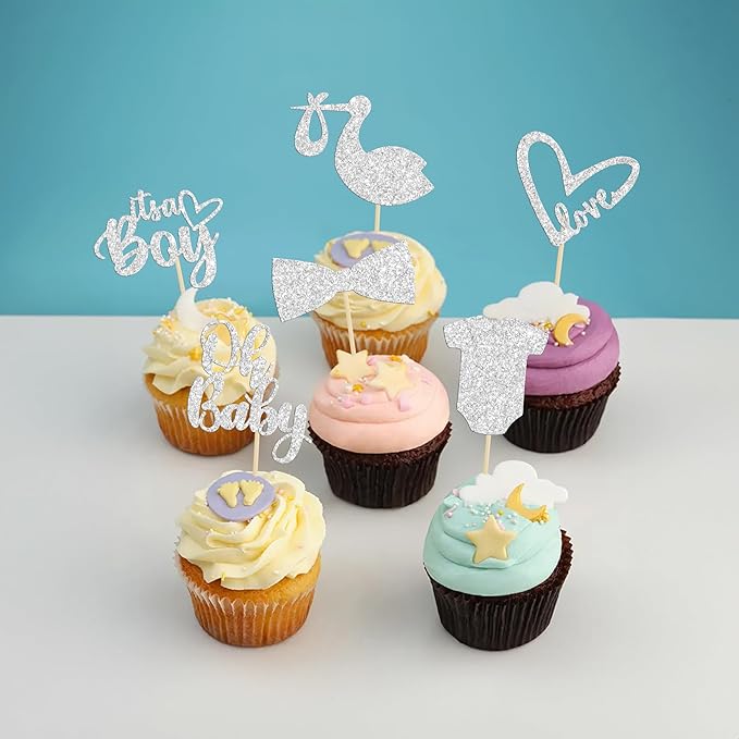 Gyufise 36 Pack Oh Baby Cupcake Toppers It's a Boy Cupcake Toppers with Tie Onesie Love Heart Deep Silver Glitter Babyshower Cake Picks Decorations for Baby Shower Boy Birthday Party Supplies