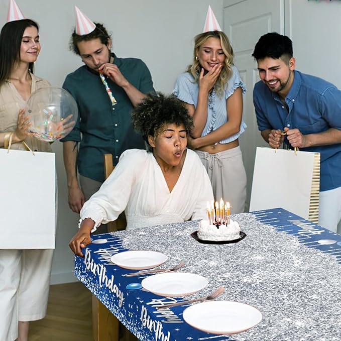 Happy Birthday Tablecloth,3pcs Navy Blue and Sliver Table Cloths for Parties Rectangle Glitter Navy Blue Birthday Decoration for 18th 21st 30th 40th 60th 70th Birthday Party Supplies