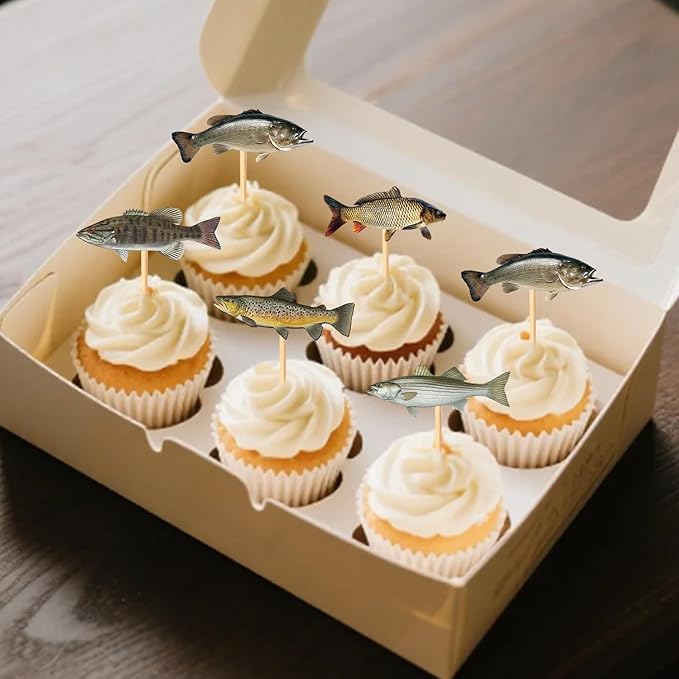 30 pcs Double-Sided Fish Cupcake Toppers Go Fishing Theme Decorations Baby Shower Happy Birthday Party Tropical Party Cake freshwater fish Decoration Supplies