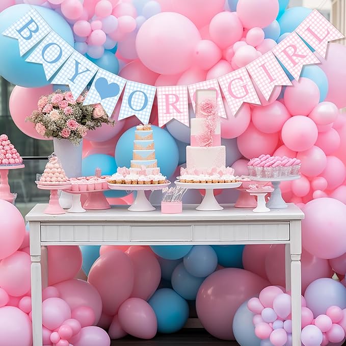 1 Pcs Blue Pink Gingham Boy or Girl Banner for Party Decorations Blue Pink Pre Strung Baby Shower Boy or Girl Gender Reveal Paper Banner for Table, Wall or Mantel Display Party Decor Supplies