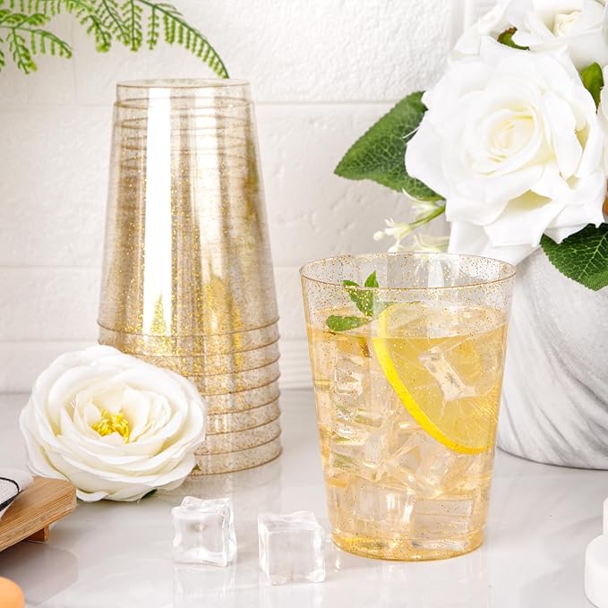 I00000 60 Pack 10oz Gold Plastic Cups, Premium Disposable Gold Glitter Plastic Cups for Martini and Cocktail,Hard Clear Disposable Cup with Gold Glitter Perfect for Fancy Wedding and Elegant Party Cup