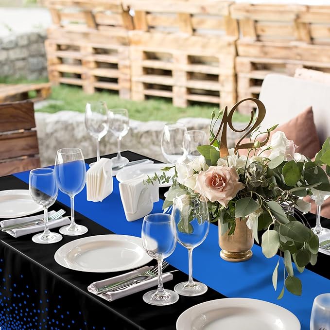 MASHAN 12Pcs Black and Blue Tablecloth Party Decorations,Plastic Black Table Cloth Printed Blue Runner Disposable Rectangle Table Cover for Birthday Wedding Anniversary Graduation Party,54 x108 Inch
