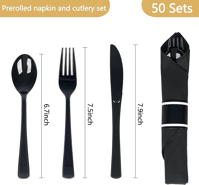 50 Pack Pre Rolled Black Plastic Silverware Set,Wrapped Plastic Cutlery Set with Napkin Include 50 Forks,50 Spoons,50 Knives and 50 Black Napkins for Party,Wedding