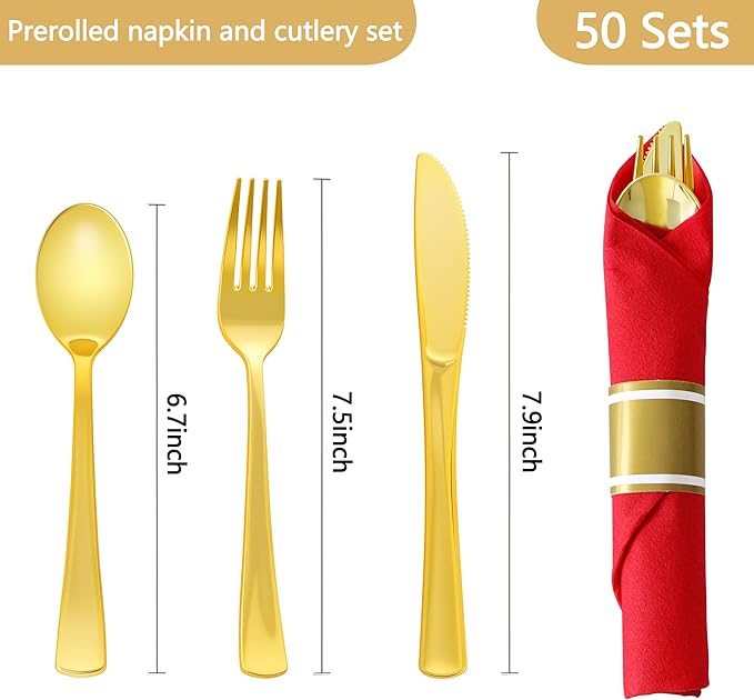 50 Pack Pre Rolled Gold Plastic Silverware Set,Wrapped Plastic Cutlery Set with Napkin Include 50 Forks,50 Spoons,50 Knives and 50 Red Napkins for Party,Wedding,Christmas