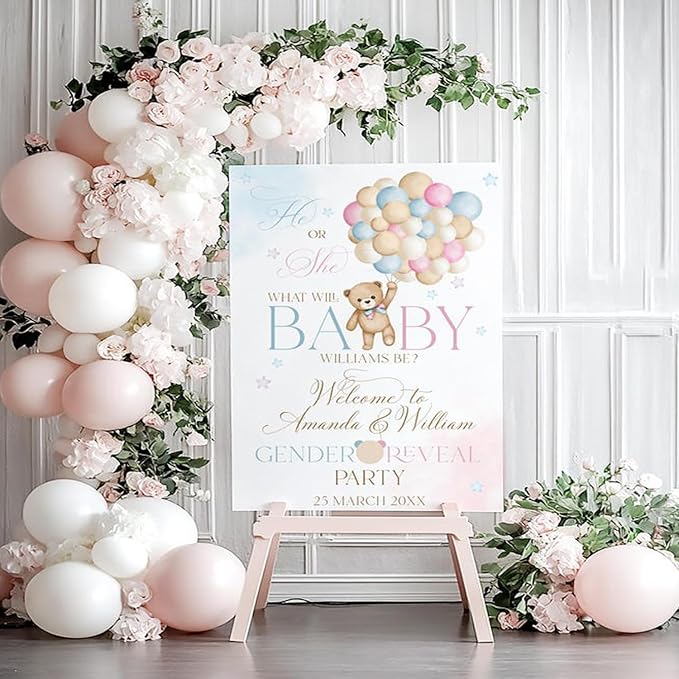 We Can Bearly Wait Gender Reveal Welcome Sign, He or She Bear Theme Banner, Teddy Bear Pink Blue Balloon Boy or Girl Party #5