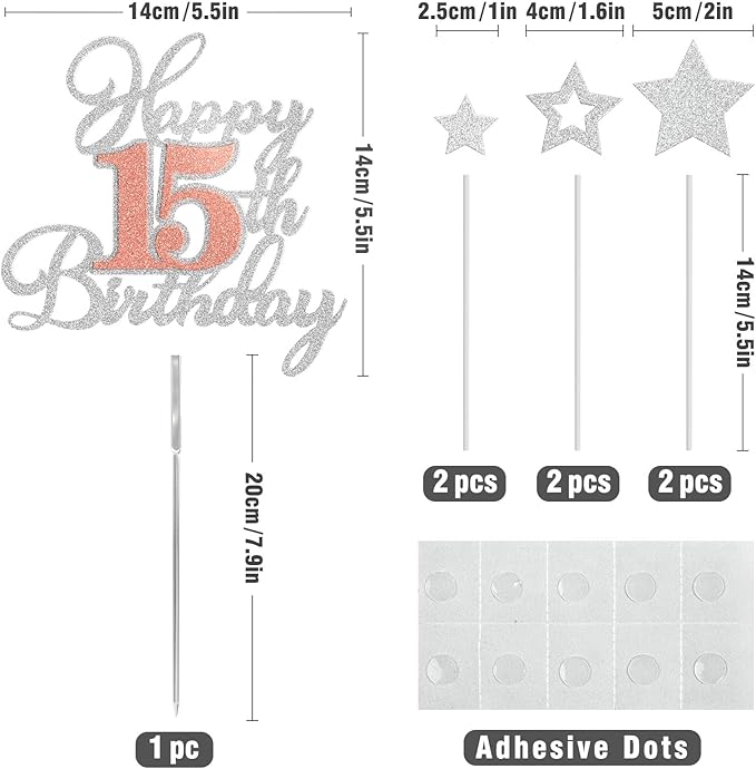 Happy 15th Birthday Cake Toppers, Rose Gold Silver Glitter Cake Decorations Set, 15th Birthday Decor, Birthday Anniversary Party Decorations Supplies