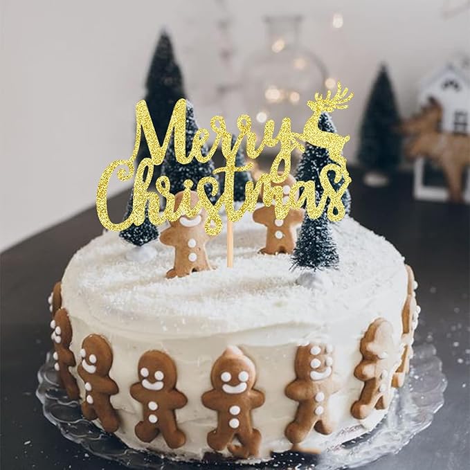 1Pcs Merry Christmas Cake Topper Glitter Gold Reindeer Christmas Cake Decoration for New Years Eve Xmas Holiday Birthday Party Supplies