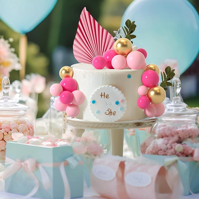 NEBURORA 64 Pcs Balls Cake Toppers and Leaves Decoration Set Mini Balloons for Cake Decorating Supplies Balls Cake decorations for Baby Shower Cake Toppers Birthday Cake Decorations (Pink Gold）