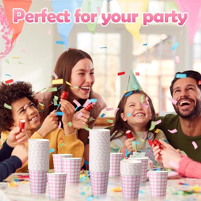 Honeydak 150 Pcs 9 oz Gingham Paper Drinking Cups Checkered Party Disposable Plaid Paper Cups Supplies for Wedding Birthday Fiesta Party Baby Shower Picnic(Pink)