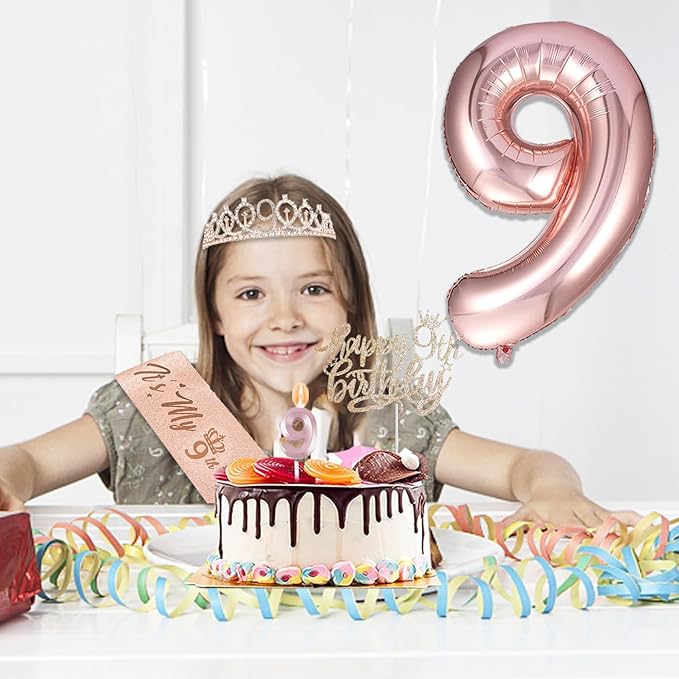 9th Birthday Decorations for Girls, Including 9 year old Birthday Cake Topper, Queen Sash with Pearl Pin, Sweet Rhinestone Tiara Crown, Number Candles and Balloons Set, Rose Gold