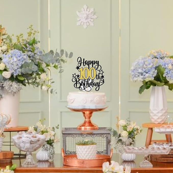 1 PCS Happy 100th Birthday Cake Topper Black Gold Glitter Cheers to 100 Years Birthday Cake Pick Hello 100 Fabulous Cake Decoration for Happy 100th Birthday Anniversary Party Decorations Supplies