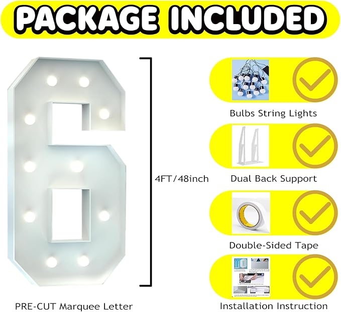 4FT Marquee Light Up Number, Giant Large Number PRE-CUT Foam Board Sign DIY Party Decor for Wedding, Birthday, Anniversary, Graduation, Holiday&Home Supplies (Number 6)