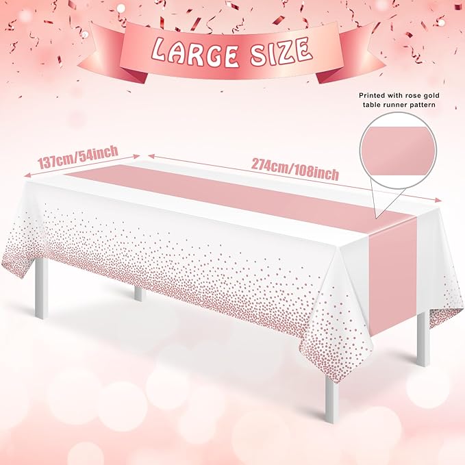 12Pcs White Rose Gold Tablecloth Party Decorations,Plastic White Table Cloth Printed Rose Gold Table Runner Disposable Rectangle Tables Cover for Birthday Anniversary Wedding Grad Party,54 x108 Inch