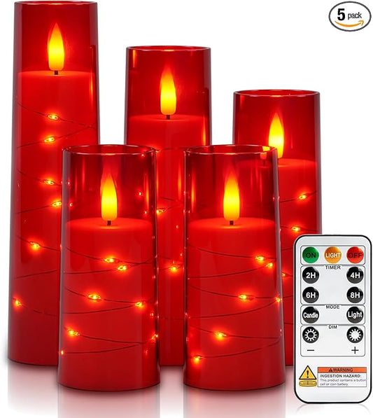 Raycare Flameless Candle with Remote Timer – 5 Flickering Acrylic Battery Operated LED Pillar Candles with Embedded Star String for Halloween, Home Decor, and as a Gift(Red)