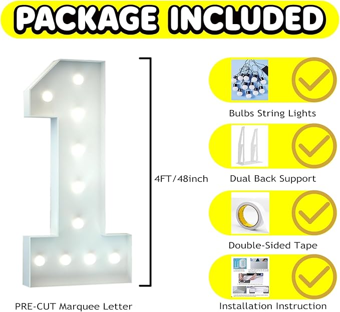 4FT Marquee Light Up Number, Giant Large Number PRE-CUT Foam Board Sign DIY Party Decor for Wedding, Birthday, Anniversary, Graduation, Holiday&Home Supplies (Number 1)