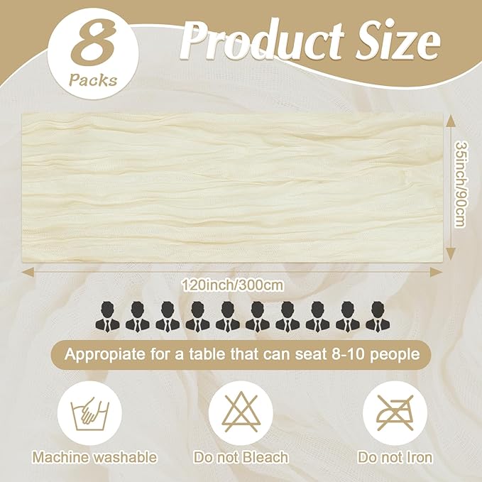 8 Pack Cheesecloth Table Runner Rustic Sheer Boho Gauze 35 x 120 Inch Centerpiece Cheese Cloth for Bridal Baby Shower Summer Spring Decorations Beige