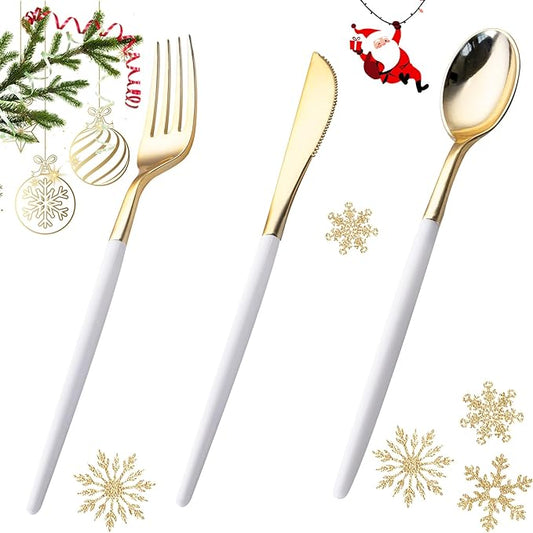 I00000 60 Pcs Gold Plastic Silverware - Heavy Duty Plastic Cutlery -Party Disposable Silverware Set，Disposable Cutlery Set Includes 20 Forks, 20 Knives, 20 Spoons Perfect for Wedding