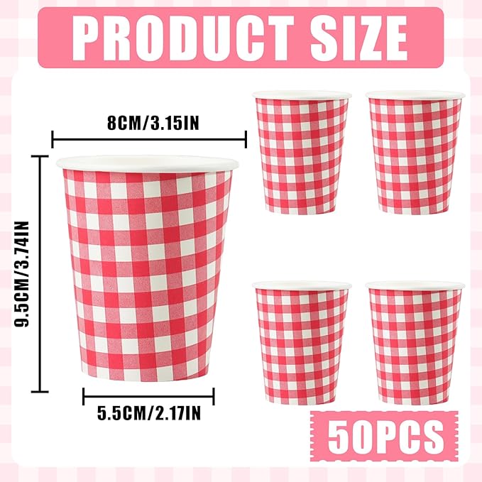 50 Pcs 8 oz Gingham Paper Cups, Disposable Gingham Cups, Checkered Cup for Hot Cold Beverage Birthday Party Supplies Decor (Red)