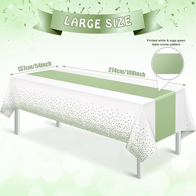 12Pcs White and Sage Green Tablecloth Decorations,Plastic White Table Cloth Printed Green Table Runner Disposable Rectangle Tables Cover for Birthday Wedding Anniversary Graduation Party,54 x108 Inch