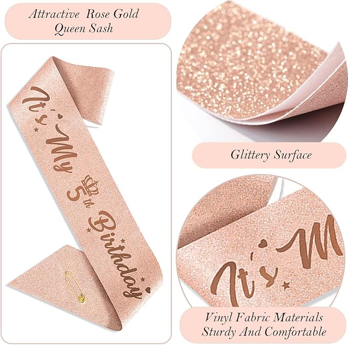 5th Birthday Decorations Girl, Including 5 year old Birthday Cake Topper, Queen Sash with Pearl Pin, Sweet Rhinestone Tiara Crown, Number Candles and Balloons Set, Rose Gold