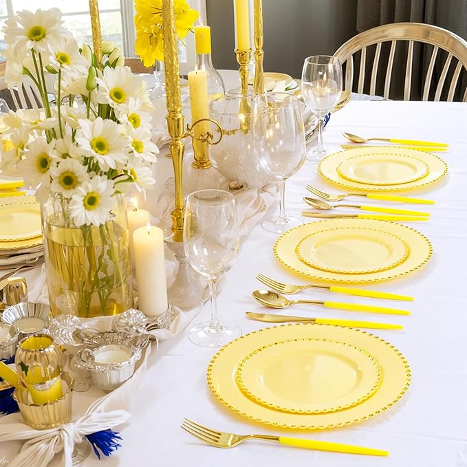 Supernal 102Pcs Gold Plastic Silverware, Gold Disposable Utensils with Yellow Handle, Yellow Plastic Silverware Heavy Duty Include 34 Forks, 34 Knives and 34 Spoons Perfect for Party, Mother's Day