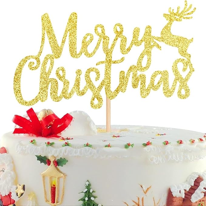 1Pcs Merry Christmas Cake Topper Glitter Gold Reindeer Christmas Cake Decoration for New Years Eve Xmas Holiday Birthday Party Supplies