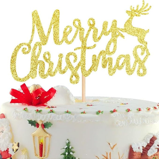 1Pcs Merry Christmas Cake Topper Glitter Gold Reindeer Christmas Cake Decoration for New Years Eve Xmas Holiday Birthday Party Supplies