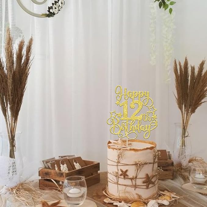 1 PCS Happy 12th Birthday Cake Topper Glitter Cheers to 12 Years Birthday Cake Pick Hello 12 Fabulous Cake Decoration for Happy 12th Birthday Anniversary Party Decorations Supplies Gold