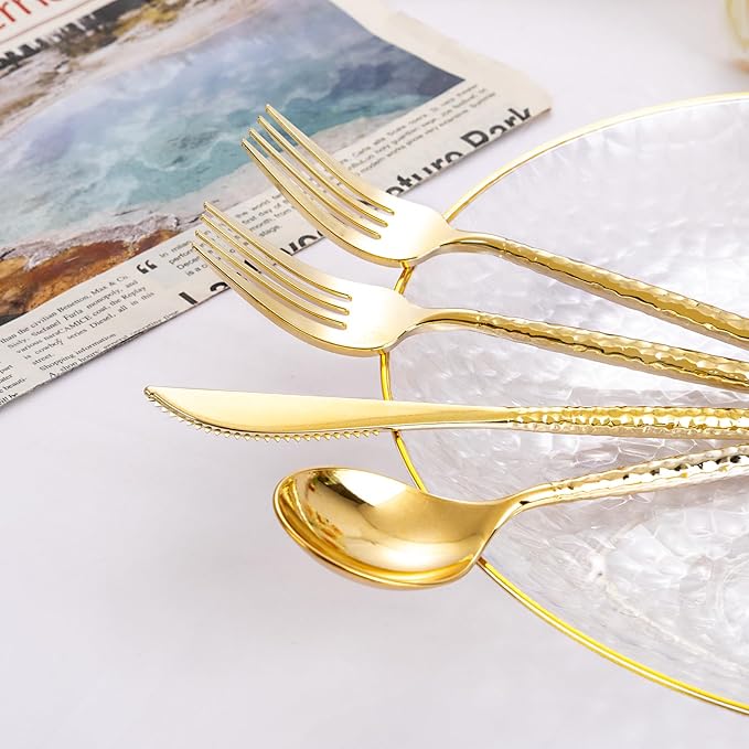 Rubtlamp 90Pcs Christmas Gold Plastic Silverware, Gold Disposable Christmas Utensils, Hammered Plastic Silverware, Gold Plastic Forks And Spoons Set Include 30 Forks, 30 Knives,30 Spoons