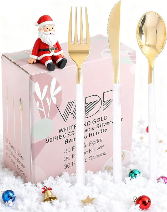 WDF 90Pieces Gold Plastic Silverware-Gold Plastic Cutlery with White Handle- Heavy Duty Thanksgiving Christmas Silverware Include 30Forks, 30 Spoons, 30 Knives for Parties