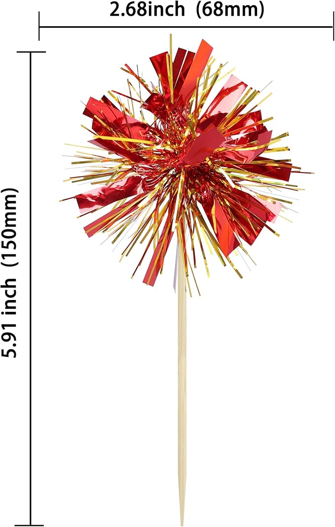 Gyufise 30Pcs Foil Firework Cupcake Toppers Sparkle Tinsel Cake Toppers Tinsel Drink Cake Decoration Cocktail Picks for Birthday Wedding Graduation Party Supplies Gold Red