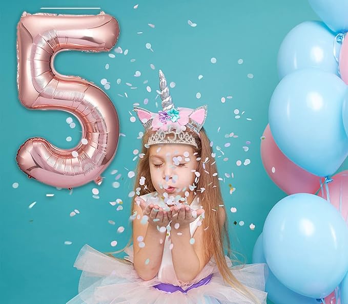 5th Birthday Decorations Girl, Including 5 year old Birthday Cake Topper, Queen Sash with Pearl Pin, Sweet Rhinestone Tiara Crown, Number Candles and Balloons Set, Rose Gold