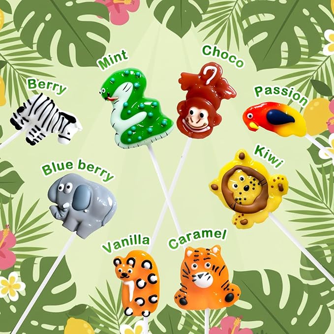 Safari Wildlife-themed Lollipops 24 Ct with 8 Animals Shapes & Fruit Flavors, Individually Wrapped Suckers for Zoo Birthday Party Candies, Earth Day, Christmas Stocking Stuffers, Wildlife Conservation