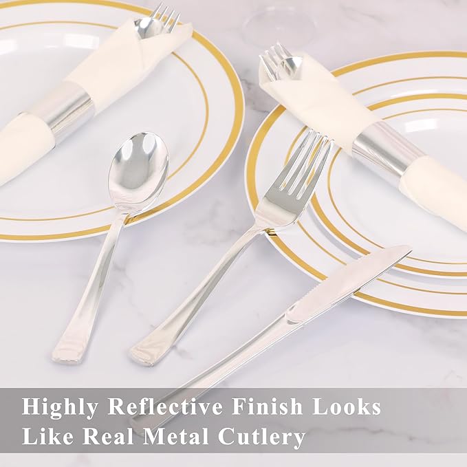 75 Pack Pre Rolled Silver Plastic Silverware Set,Wrapped Plastic Cutlery Set with Napkin Include 75 Forks,75 Spoons,75 Knives and 75 White Napkins for Party, Wedding,Birthday,Christmas