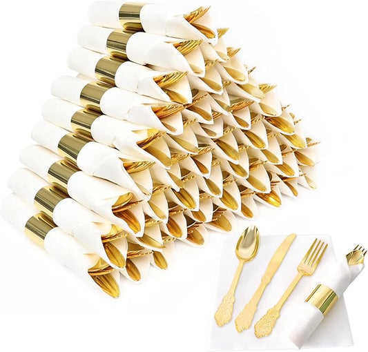 50 Pack Pre Rolled Gold Plastic Silverware Set,Fancy Wrapped Plastic Cutlery Set with Napkin Include 50 Forks,50 Spoons,50 Knives and 50 White Napkins for Party, Wedding,Christmas