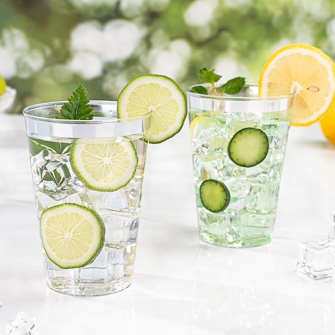 BESTVIP 12oz Silver Plastic Cups, 100 Pack Silver Rimmed Disposable Cups, Heavy-duty Party Cocktail Glasses for Christmas, Plastic Cups for Party, Holiday, Wedding and Birthday