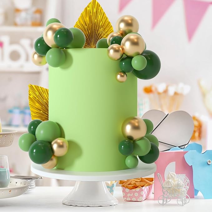 NEBURORA 64 Pcs Balls Cake Toppers and Leaves Decoration Set Mini Balloons for Cake Decorating Supplies Balls Cake decorations for Baby Shower Cake Toppers Birthday Cake Decorations (Green Gold）